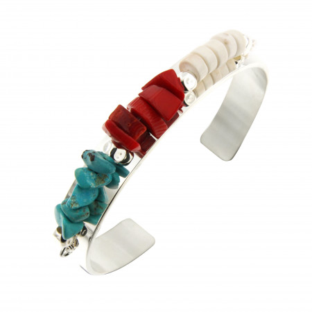 Bracelet Argent MASSAI/2 JONC PLAT10 - CUBI4 - Chips Rouge, turquoise, blanc